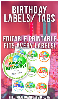 Add the perfect finishing touch to your birthday present with these printable happy birthday gift tags/labels! And they're editable! | round birthday labels, DIY gift tags, printable tags, #birthday #printable #DigitalDownloadShop