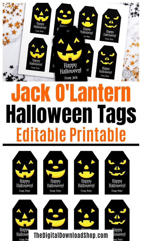 Editable and printable Halloween tags with fun Jack O'Lantern faces! These editable tags would make wonderful finishing touches to Halloween party favors or Halloween treat bags! | #Halloween #treatBags #partyFavors #printable #DigitalDownloadShop