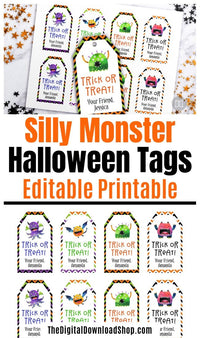 Editable and printable Halloween tags with fun monster graphics! These are perfect for Halloween party favors! | #Halloween #tags #printable #partyFavors #DigitalDownloadShop
