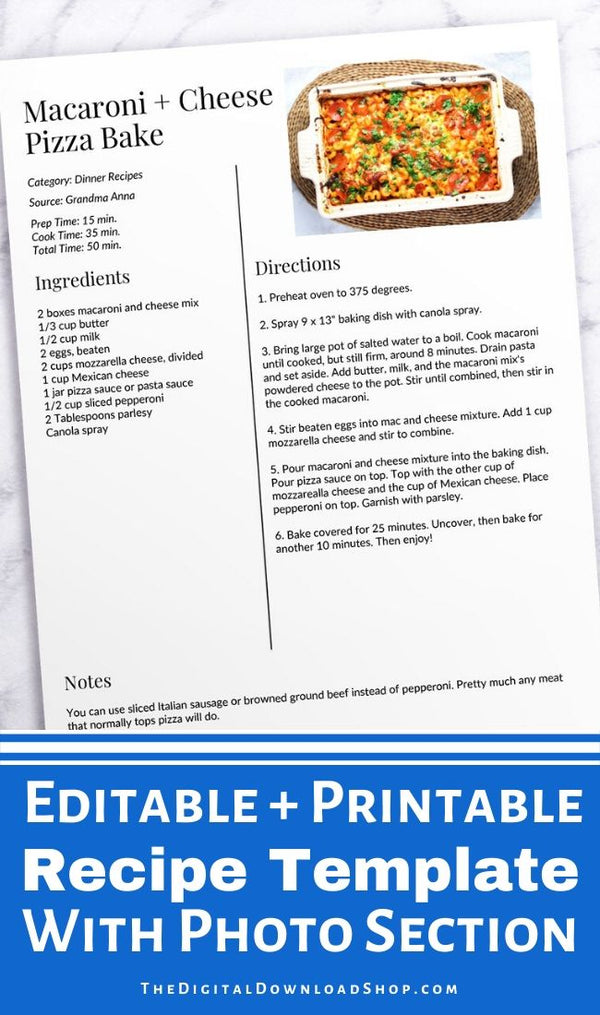 Recipe Template Editable Printable- If you want to organize your family's favorite recipes, you need to type them up in this easy to edit recipe template PDF! You can even add your own photo! | printable recipe sheet, editable PDF recipe page, #recipeBinder #kitchenBinder #recipeTemplate #recipeSheet #DigitalDownloadShop