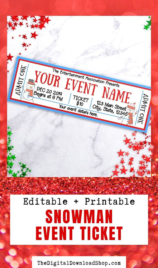 Snowman Christmas Event Ticket Template- This fun winter event ticket editable printable is the perfect way to invite friends and family to your event, concert, school play, and other fun events! | invitation ticket, invitation template, Christmas invite, #eventTicket #invitation #Christmas #concertTicket #DigitalDownloadShop