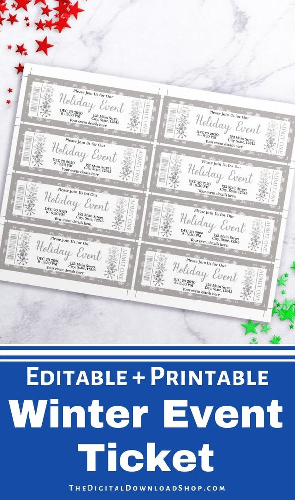 These custom silver snowflake event tickets are the perfect way to send out invitations to Christmas parties, winter school plays, community events, family events, and more! | #Christmas #eventTicket #printable #diyGift #DigitalDownloadShop