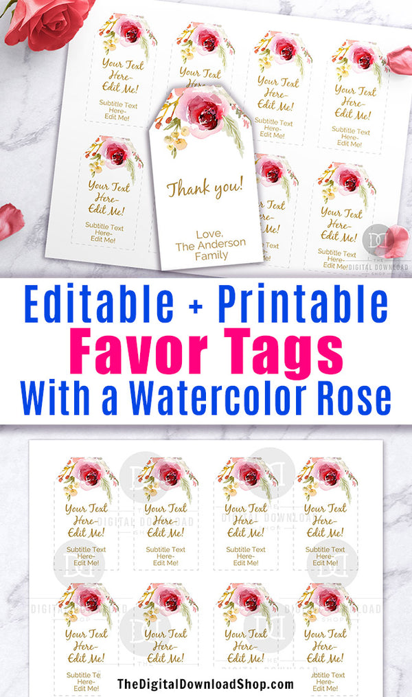 Editable and printable favor tags/gift tags with a gorgeous pink watercolor flower. These editable tags would make lovely finishing touches to wedding favors, baby shower favors, or birthday presents!
