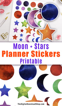 Galaxy Moon + Stars Printable Planner Stickers- Add some fun color to your planner with these moon and star decorative planner stickers! | galaxy stickers, space stickers, colorful planner stickers, deco stickers, #plannerAddict #plannerStickers #DigitalDownloadShop