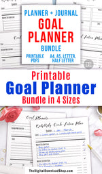 Goal planner printables bundle made up of 4 goal worksheet printables! Use these handy goal setting/goal tracking printables to help yourself plan out your goals and stay on track as you work toward completing them! | #planner #goals #goalSetting #DigitalDownloadShop