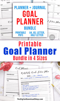 Goal planner printables bundle made up of 4 goal worksheet printables! Use these handy goal setting/goal tracking printables to help yourself plan out your goals and stay on track as you work toward completing them! | #planner #goals #goalSetting #DigitalDownloadShop