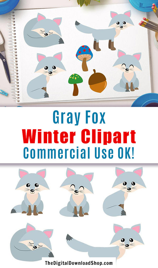 Gray Foxes Clipart- This fox clipart set includes 7 foxes plus 5 extra graphics. These would look lovely in winter or Christmas themed designs! | cute animal clipart, silver fox clipart, #clipart #graphics #DigitalDownloadShop