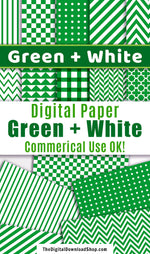 Green and White Digital Papers- These digital papers would make great backgrounds for St. Patrick's Day designs, spring scrapbook pages, party invitations, and other green-themed projects! | green digital background, #digitalPapers #scrapbooking #graphicDesign #DigitalDownloadShop
