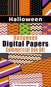 Halloween digital papers for personal and commercial use! This digital background pattern set includes 10 printable Halloween papers with a variety of patterns, including stripes, dots, black cats, and more! | #digitalPapers #Halloween #graphicDesign #DigitalDownloadShop