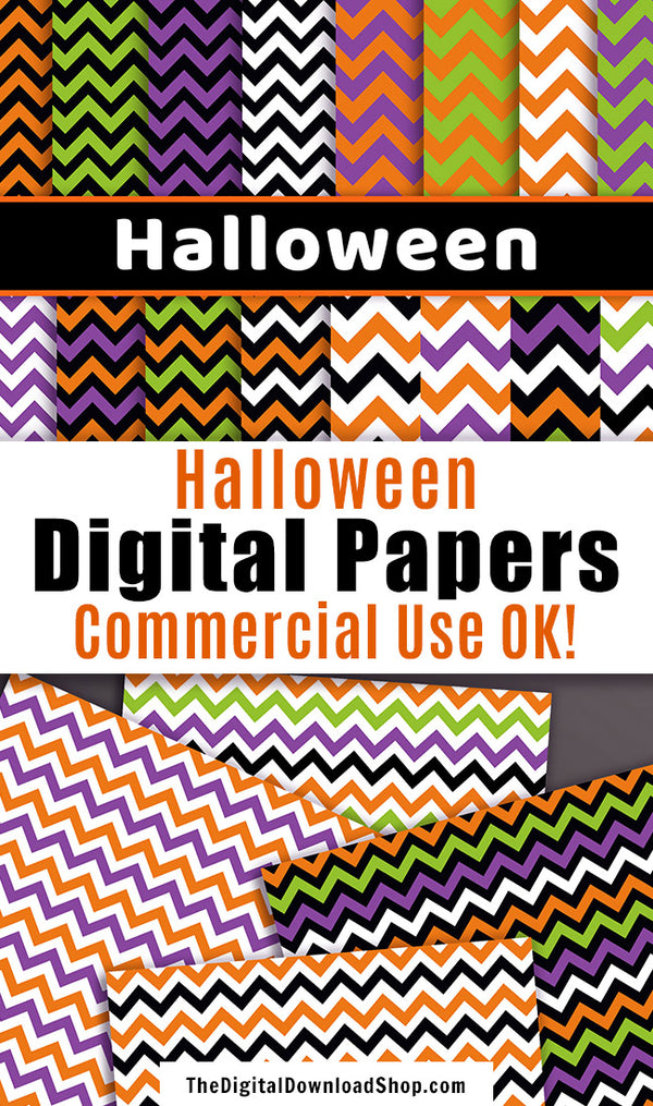 Halloween chevron digital papers for personal and commercial use! This digital zig zag background pattern set includes 16 printable Halloween papers with a chevron pattern in a variety of colors! | #digitalPapers #Halloween #graphicDesign #printable #DigitalDownloadShop