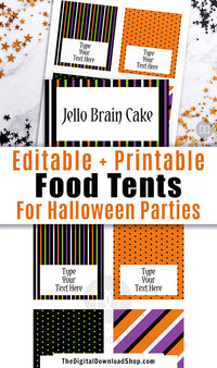 Editable and printable Halloween food tents. These editable buffet cards are the perfect addition to your Halloween party's buffet table, or could be used as place cards! | #Halloween #foodTents #printable #HalloweenParty #DigitalDownloadShop