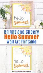 Gorgeous Hello Summer wall art printable with a cute watercolor smiling sun. This lovely summer decor art print would be the perfect way to brighten up any room of your home!
