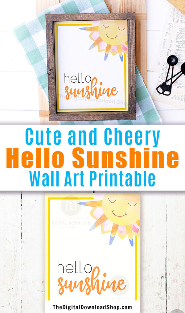 Gorgeous Hello Sunshine wall art printable with a cute watercolor smiling sun. This lovely summer decor art print would be the perfect way to brighten up any room of your home!