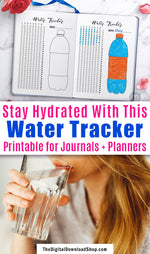 Water tracker printable for bullet journals and other planners. Use this 31 day hydration tracker planner printable to make sure you drink enough water every day, and have fun coloring in the water bottle drawing!