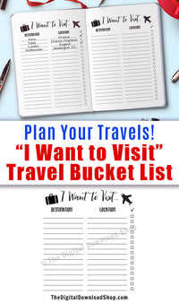 Travel Bucket List Printable- Use this travel journal printable to help you keep track of all the places you want to go, and check them off once you've been there! | printable bullet journal insert, planner printable, #travel #planner #DigitalDownloadShop