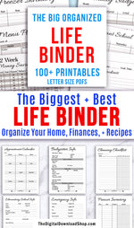 Whole Life Binder Printable- Printable life binder- made up of a black and white budget binder, home binder, and recipe binder. It's easy to get your whole life organized and under control with this big binder printables bundle! | busy mom planner, sahm, stay at home mom, organizing tips, organize your life, #homeBinder #momBinder #DigitalDownloadShop