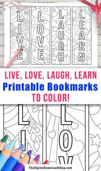 4 "Live, Love, Laugh, Learn" abstract art printable bookmarks to color! | printable adult colouring page, bookmarks to color, DIY bookmarks, #bookmarks #adultColoring #DigitalDownloadShop