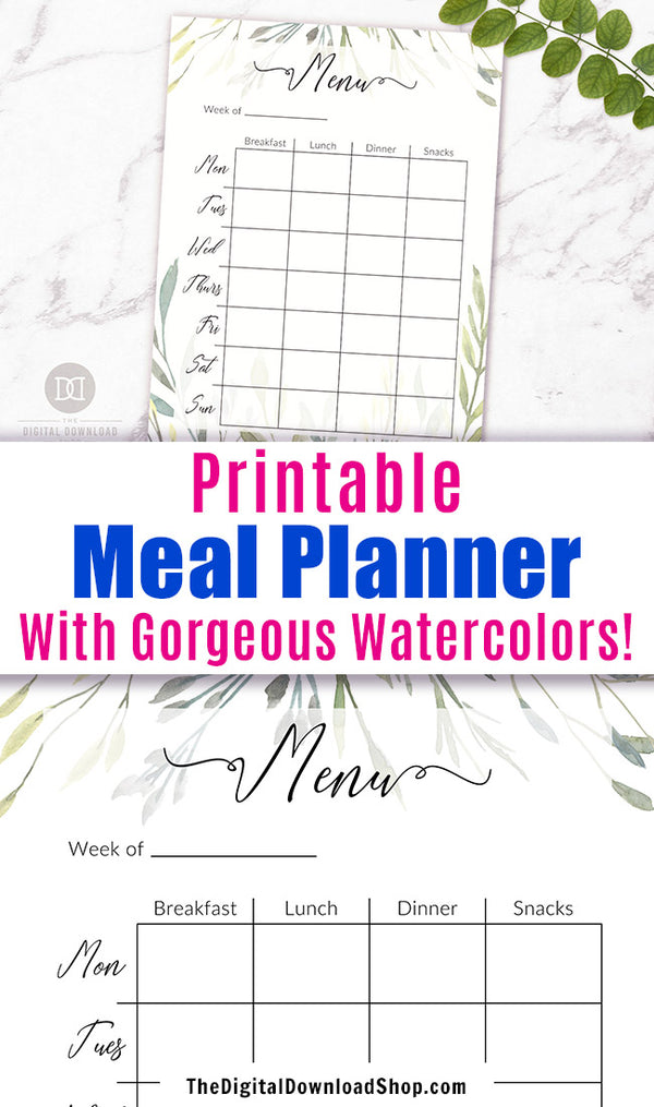 Meal Planner Printable- Meal planner template printable with beautiful watercolor greenery!