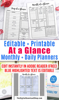 Month at a glance + day at a glance editable printables! These editable planner pages are the perfect way to get your days and months organized!