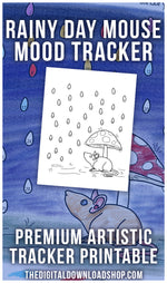 Rainy Day Mouse Mood Tracker: Color by Mood Exclusive- This adorable mood tracker features a cute mouse caught in a rain shower! Even if you don't have great art skills, this printable will help you create a beautiful tracker! | bujo ideas, bullet journal page spread, coloring page, #bulletJournal #moodTracker #DigitalDownloadShop