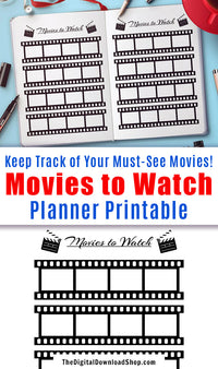Bullet Journal Movies to Watch Planner Printable- Use this printable for a fun, visual way to remember what films you want to see next! | movie wishlist, planner printable, printable bullet journal inserts, #planner, #bulletJournal #DigitalDownloadShop