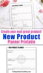 New product planner printable with a minimalist black and white design.