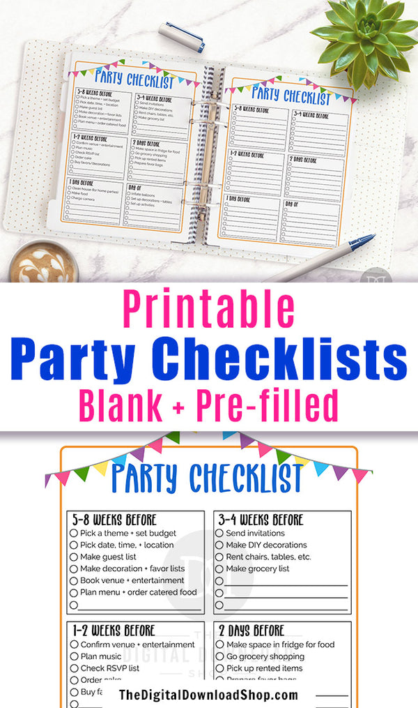 2 party checklist printables, perfect for birthday party planning, anniversary party planning, graduation party planning, and more!