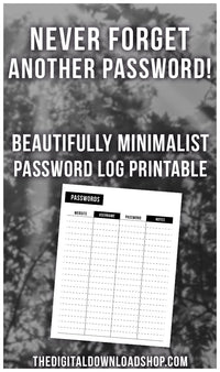 Password Tracker Printable: Black and White- You'll never forget another password again with this beautifully minimalist password tracker printable! It comes in 4 sizes! | password organizer, printable password book, password logbook, Internet login organizer, #printable #planner #DigitalDownloadShop