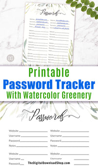 Password Log Printable: Watercolor Greenery- Password tracker printable with beautiful watercolor greenery! Let this password keeper help beautify your desk!