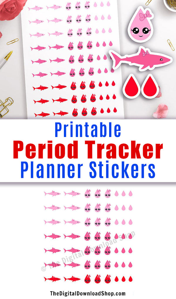 Cute Period Tracker Printable Planner Stickers- Track your period the cute way! This printable sticker sheet includes adorable sharks and blood drops in varying shades of pink/red. | menstrual cycle tracker, shark week tracker, blood drop sticker, #plannerStickers #printablePlannerStickers #DigitalDownloadShop