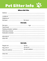 Pet Sitter Info Sheet Printable - The Digital Download Shop