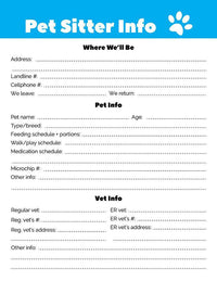 Pet Sitter Info Sheet Printable - The Digital Download Shop