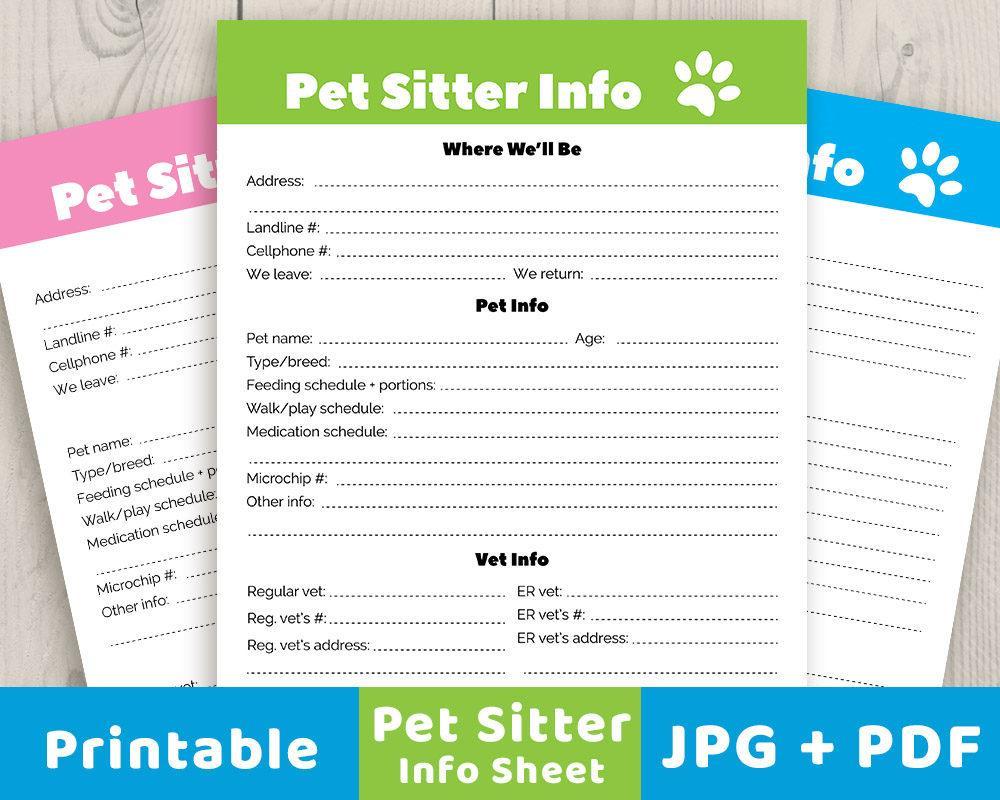 Pet Sitter Info Sheet Printable | The Digital Download Shop for Free Printable Pet Information Sheet