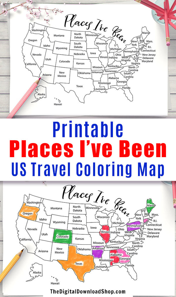 Places I've Been Map Coloring Page Printable- This printable United States map coloring sheet is perfect for people who love to travel! | #coloringPage #printable #DigitalDownloadShop