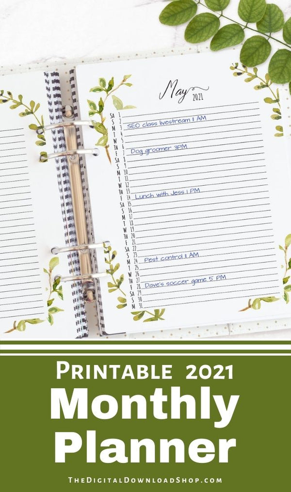 2021 Monthly Planner Printable- lan your months in style with this beautiful printable month at a glance planner! | #planner #printable #plannerPrintables #monthlyPlanner #DigitalDownloadShop