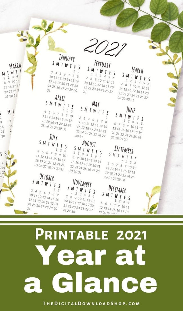 2021 at a Glance Calendar Printable- This gorgeous watercolor 2021 yearly calendar is perfect for your planner, or can be used as a pretty wall calendar for your office! | #2021Calendar #yearAtAGlance #plannerPrintables #calendarPrintable #DigitalDownloadShop 