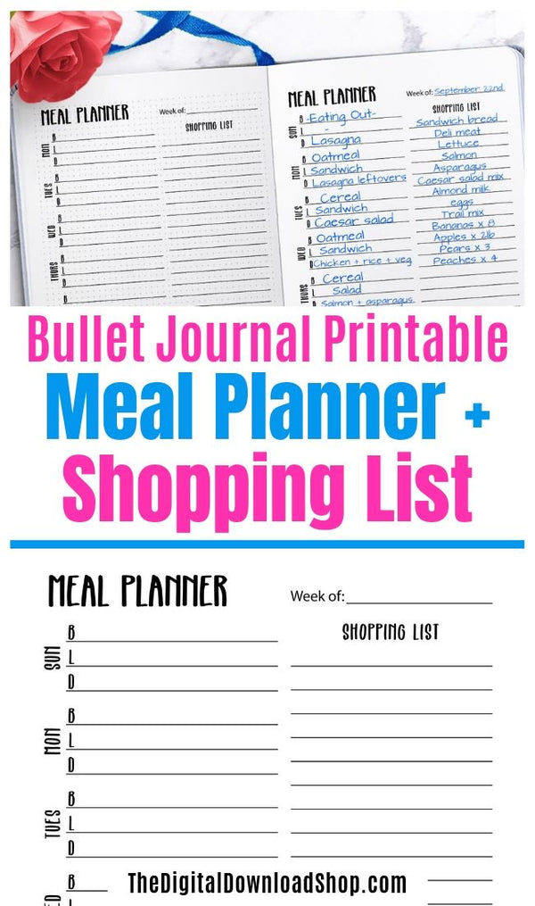 Weekly meal planner + shopping list planner printable for bullet journals and other planners. | #bulletJournal #bujo #mealPlanner #menuPlanner #DigitalDownloadShop