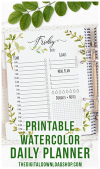 Daily planner printable with beautiful watercolor greenery! Organize your day in style with this gorgeous printable daily planner! Includes pages for each day of the week! | daily schedule, daily log, to do list, printable planner inserts, #plannerAddict #planner #DigitalDownloadShop