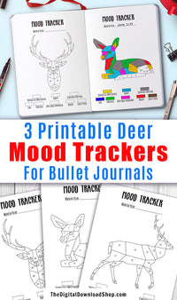 3 Bullet Journal Mood Tracker Printables: Deer- These fun bujo mood trackers double as coloring pages, and are a creative way to track your mood through the month. | bujo trackers, journal inserts, planner inserts, #moodTracker #bulletJournal #DigitalDownloadShop