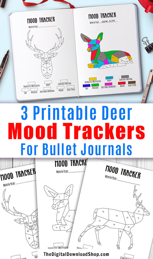 3 Bullet Journal Mood Tracker Printables: Deer- These fun bujo mood trackers double as coloring pages, and are a creative way to track your mood through the month. | bujo trackers, journal inserts, planner inserts, #moodTracker #bulletJournal #DigitalDownloadShop