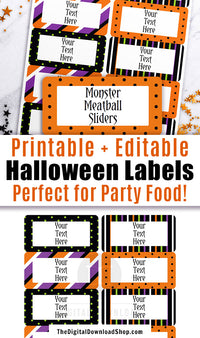 Editable and printable Halloween labels. These editable food labels are the perfect addition to your Halloween party's buffet table! | #Halloween #HalloweenParty #labels #printable #DigitalDownloadShop