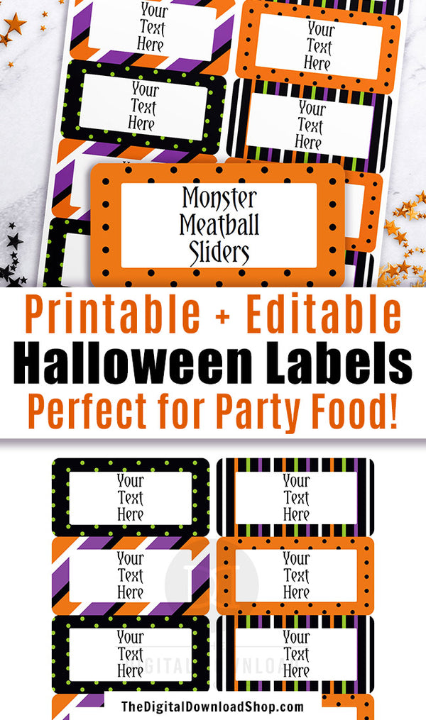 Editable and printable Halloween labels. These editable food labels are the perfect addition to your Halloween party's buffet table! | #Halloween #HalloweenParty #labels #printable #DigitalDownloadShop