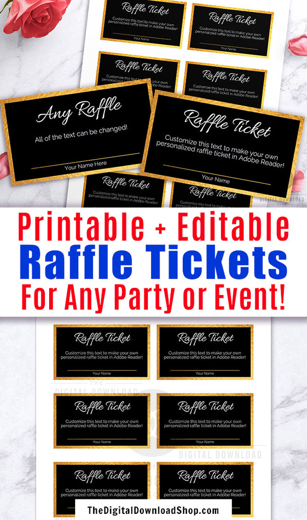 Editable and printable raffle tickets with a gold and black theme. These DIY raffle tickets are the best way to create perfectly customized raffle tickets for your party or event!