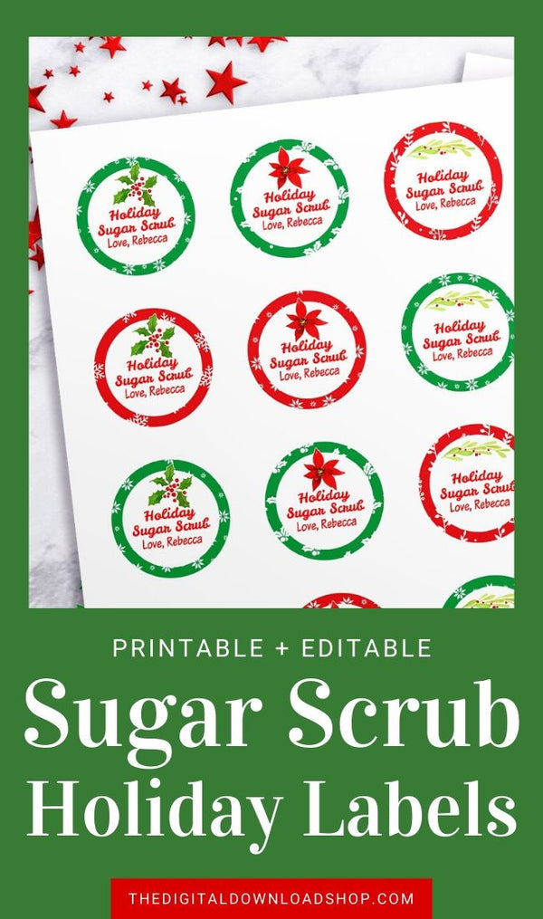 Christmas Sugar Scrub Labels Template- Editable and printable watercolor floral sugar scrub labels for DIY Christmas gifts in 2 sizes- 2" and 2.5".