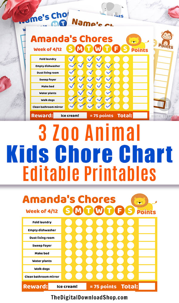 Kids Chore Chart Printables Editable: Zoo Animals- This editable good behavior chart will help your children easily keep track of their daily tasks! | kids behavior rewards chart, editable text PDF, #kidsChoreCharts #printable #behaviorChart #DigitalDownloadShop