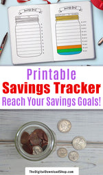 Bullet Journal Savings Jar Printable- Use this bujo printable to help keep track of your savings goals and stay motivated! | #saveMoney #moneySavingTips #planner #bulletJournal #DigitalDownloadShop