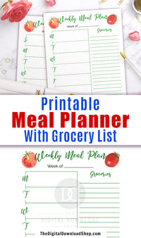 Meal planner template printable with grocery list and watercolor tomato graphics! Let this menu planner help you plan your meals for the week, which will save you time, stress, and money!