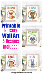 Woodland Animals Nursery Printables- 5 cute printable nursery wall art prints with tribal woodland animals. These printables are all gender neutral, making them perfect for both boy's and girl's rooms. | printable nursery wall art, be brave little bear, be clever little fox, #nurseryDecor #nurseryWallArt #DigitalDownloadShop