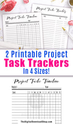 2 project task tracker printables- a task timeline planner and a task tracker checklist. 