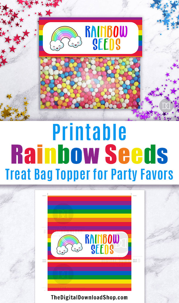 Rainbow Seeds Treat Bag Topper Printable- These cute printable DIY bag toppers are the perfect finishing touch to your party treat bags! | Saint Patrick's Day party favors, St. Patrick's Day party ideas, rainbow birthday part favors, unicorn birthday, St. Paddy's, #StPatricksDay #birthdayFavors #DigitalDownloadShop